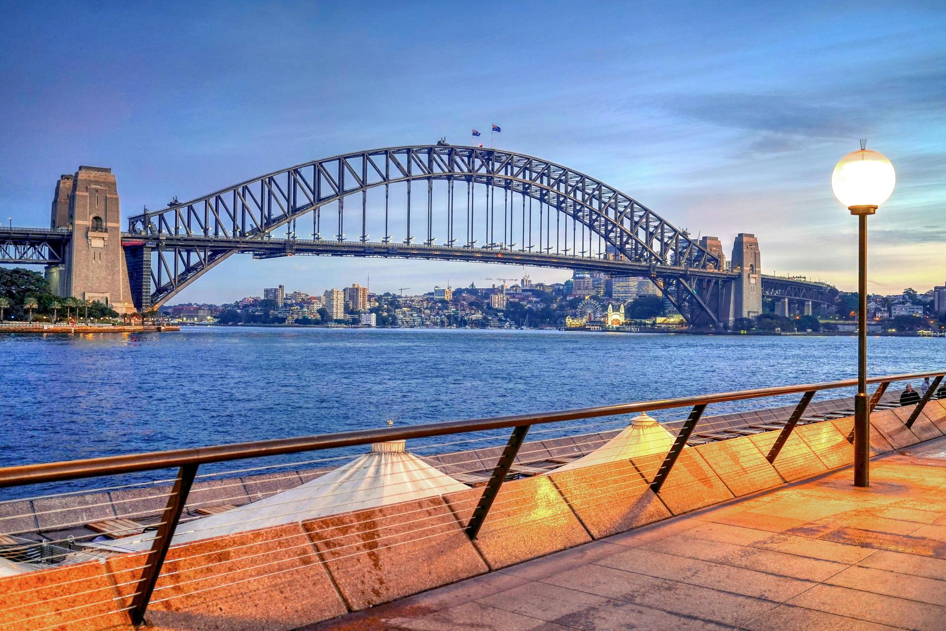 Sydney Harbour Bridge and the Sydney skyline at dusk, where Kenya's Australian diaspora is organising a march for Sheila Chebii.
