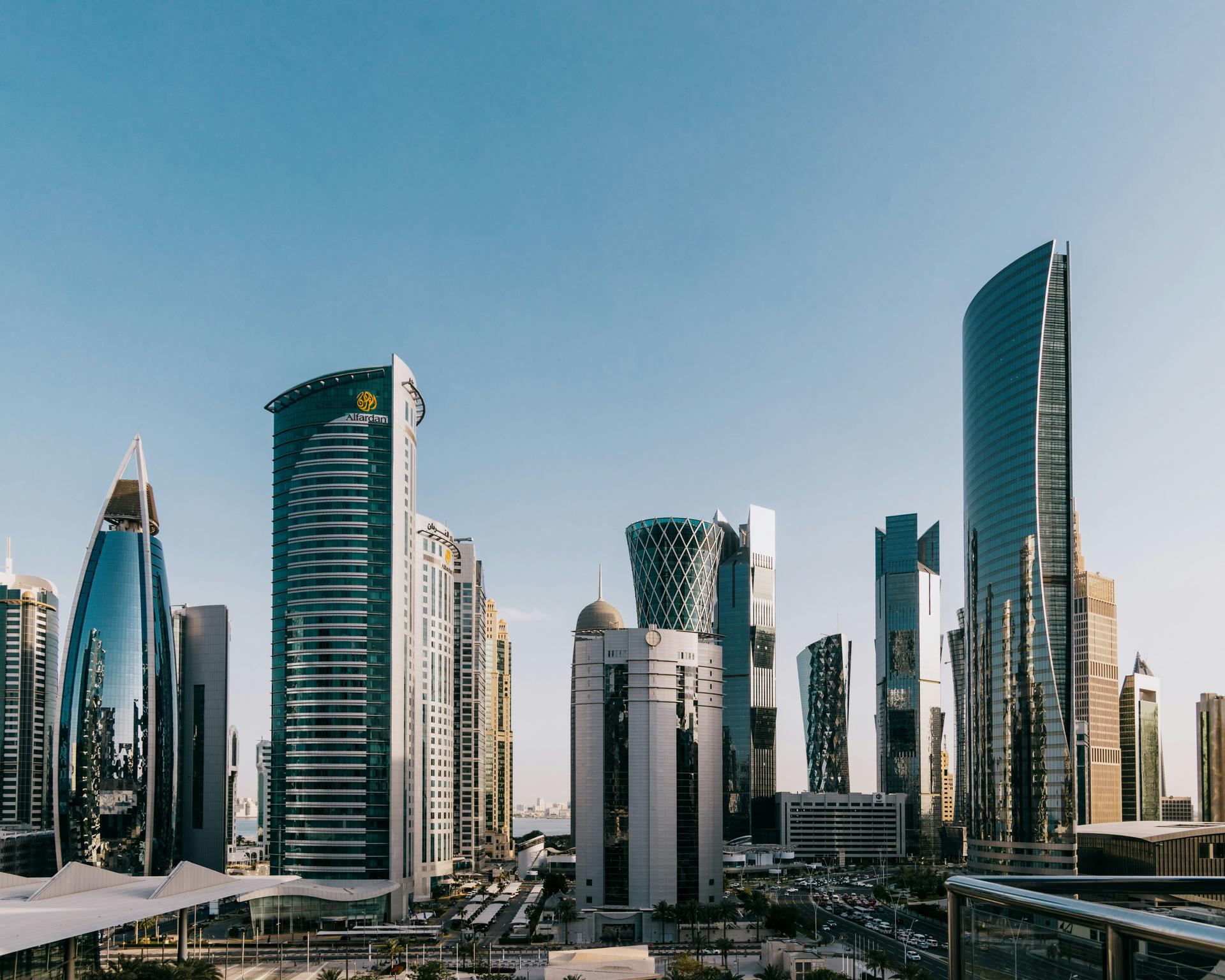 The skyline of a Gulf city at dusk, where tens of thousands of Kenyan migrant workers are employed.