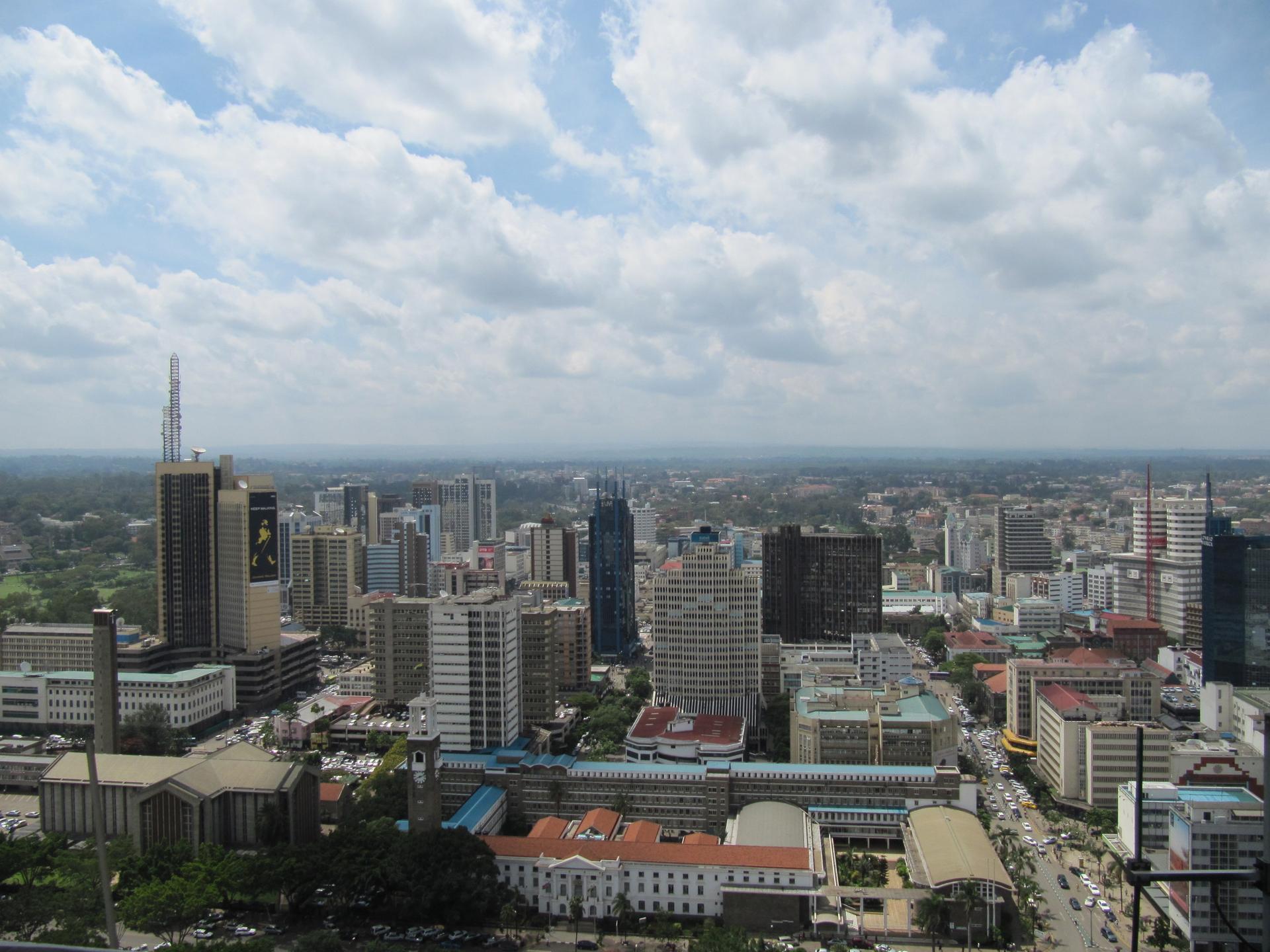 Aerial view of Nairobi's skyline and high-rise buildings seen from the top of the Kenyatta International Conference Centre.