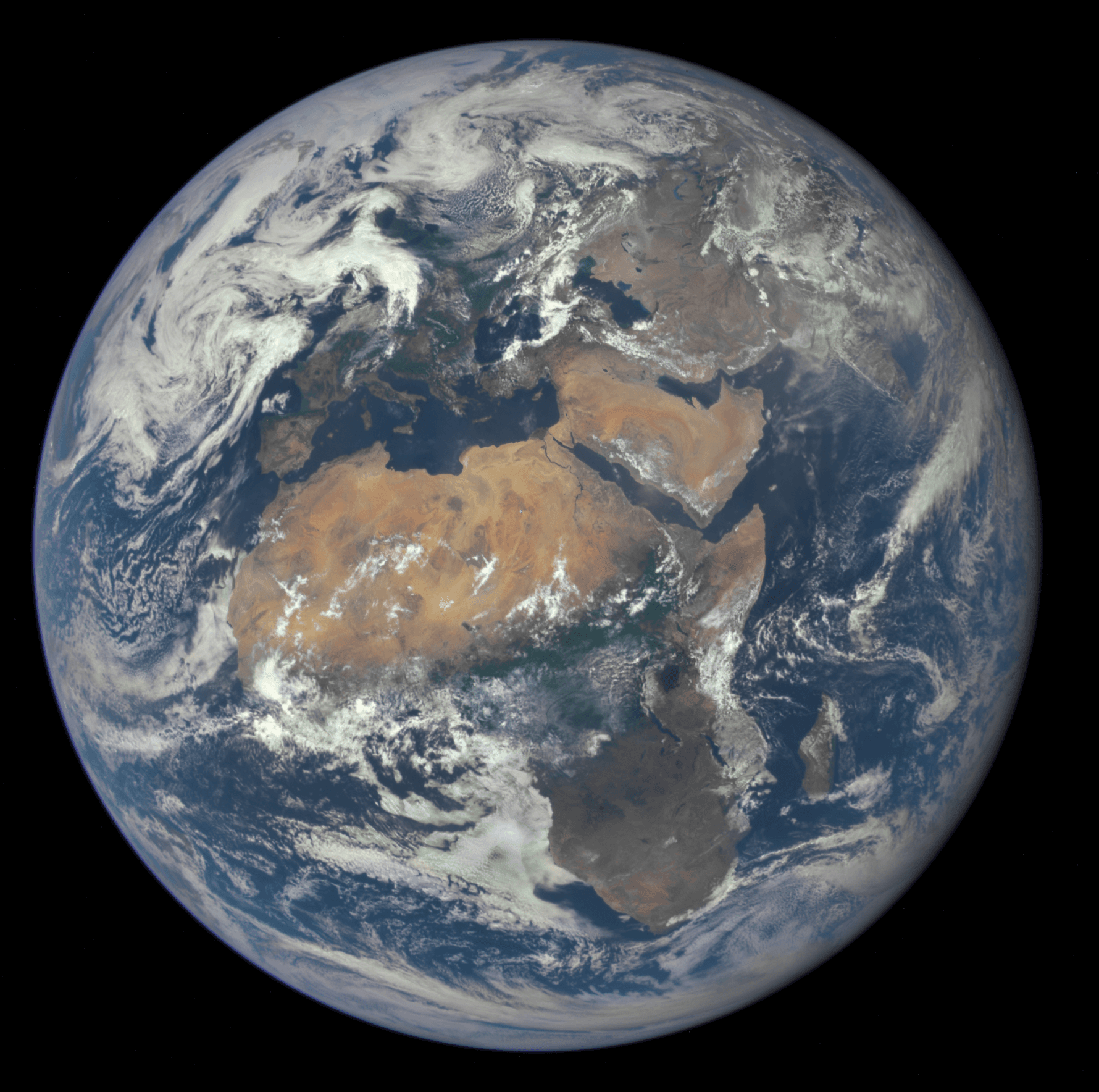 Africa and Europe seen from one million miles away in a NASA satellite image of the sunlit Earth