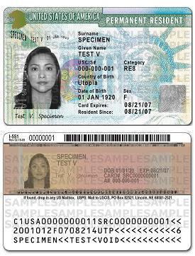 A United States Permanent Resident Card, commonly known as a green card, the document lawful permanent residents must carry when travelling.