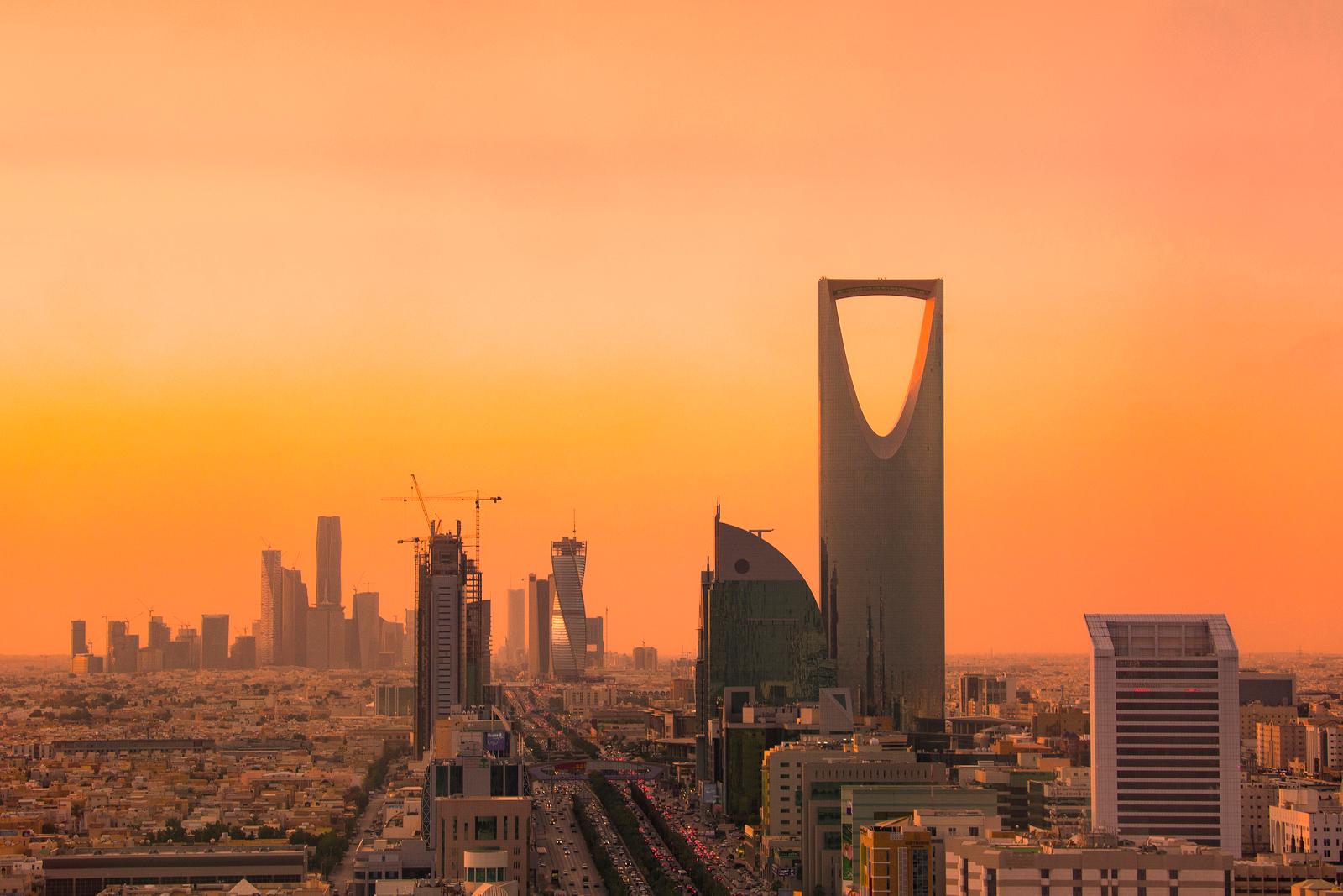 The high-rise skyline of northern Riyadh, Saudi Arabia, at dusk