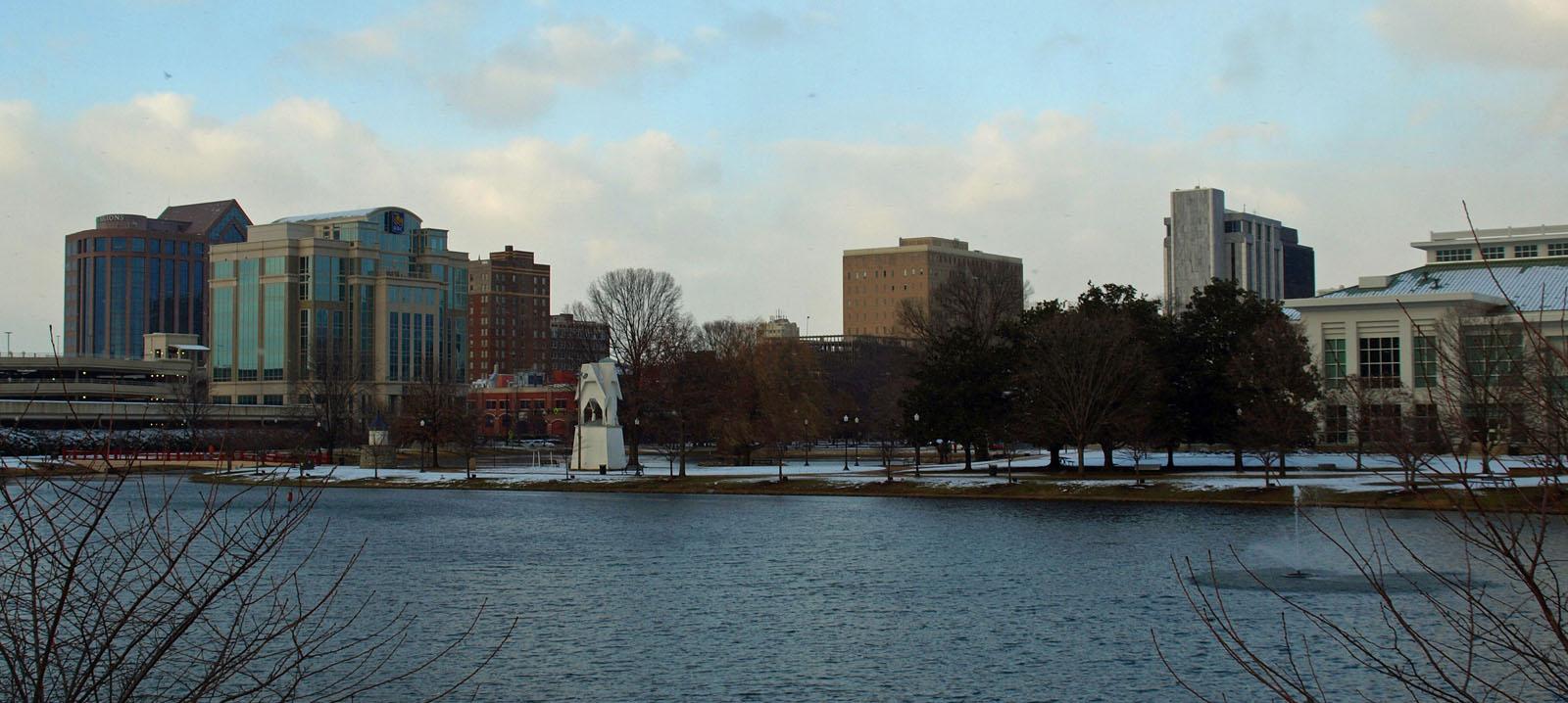 The skyline of Huntsville, Alabama photographed in December, showing the mid-sized aerospace city in the Tennessee River valley.