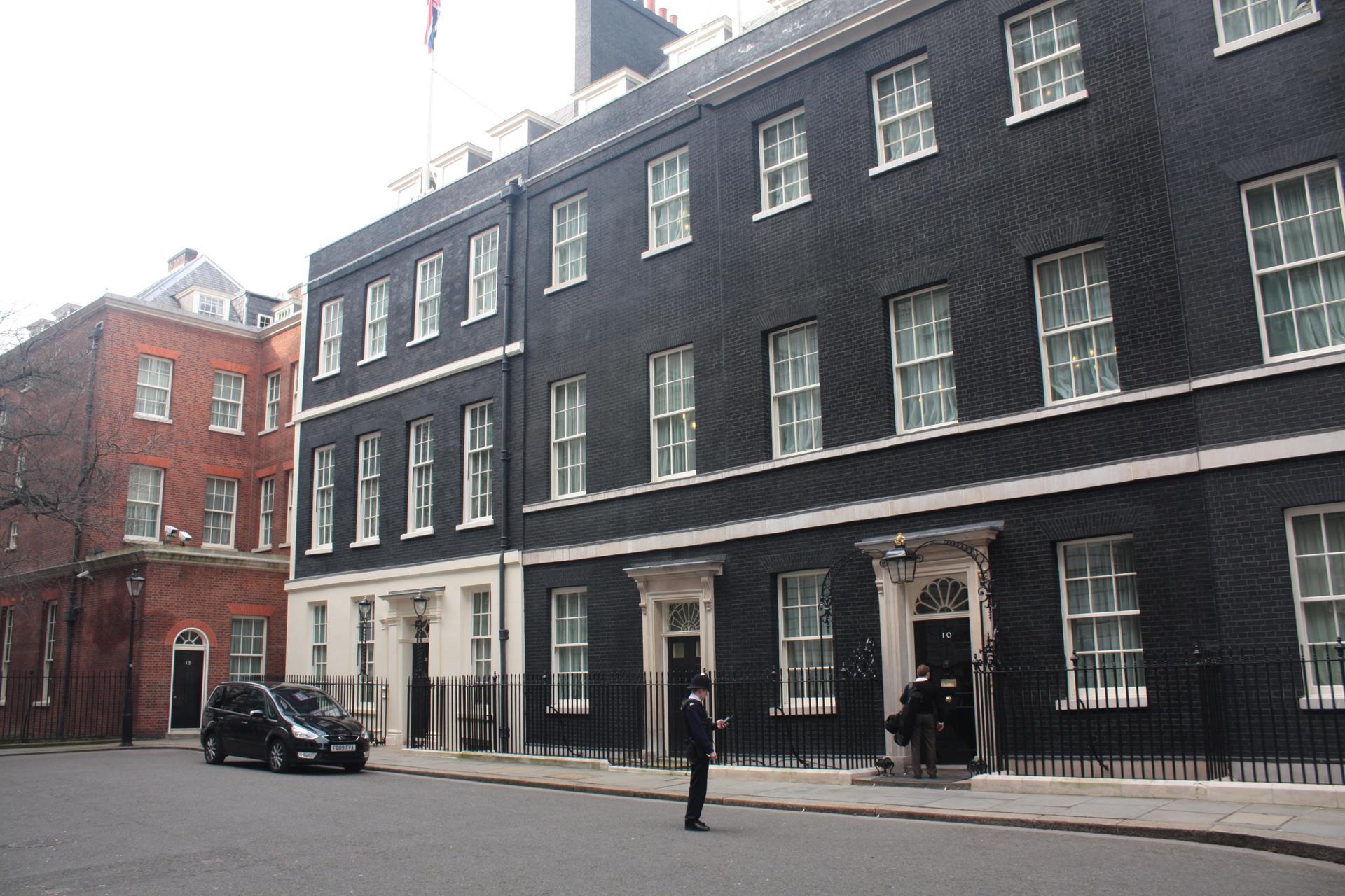 The black front door of 10 Downing Street, the official London residence of the British prime minister