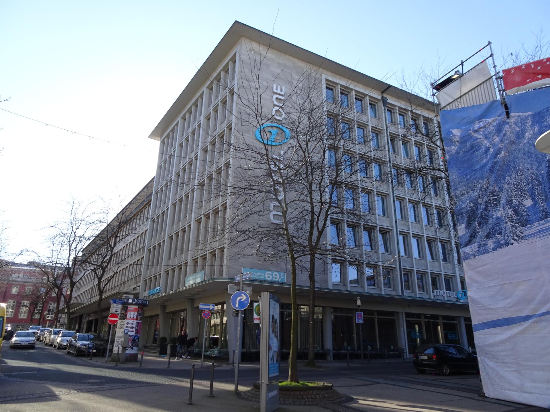 Exterior of the Motel One hotel in Essen, the western German city where Kenyan trainee Linda Almasi now works as a front office agent.