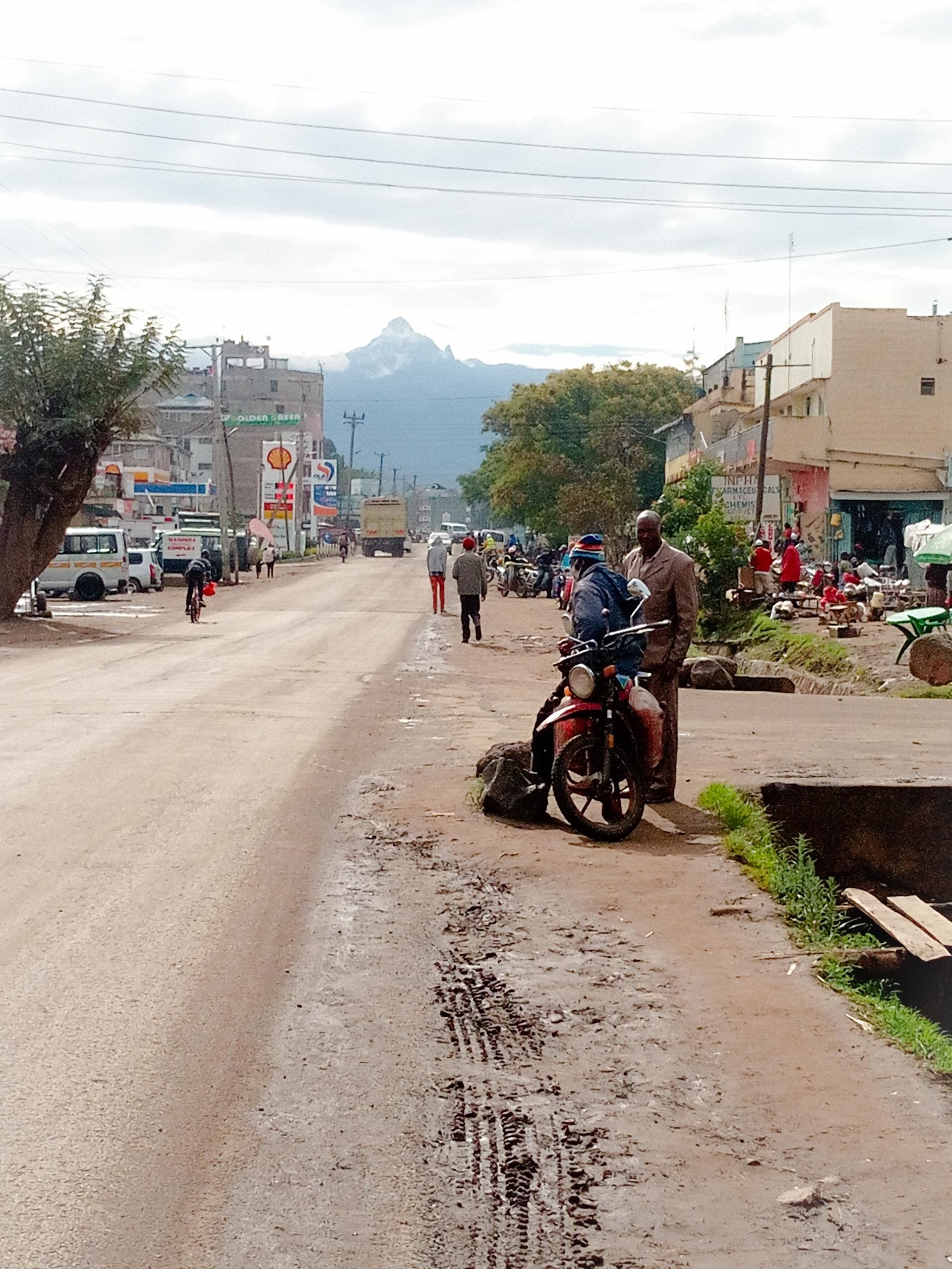 View of snow-capped Mt Kenya rising above the savanna as seen from Nanyuki town in central Kenya.