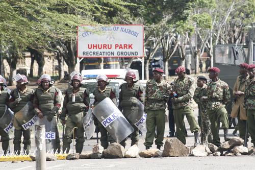 Kenyan General Service Unit police officers deployed at Uhuru Park in central Nairobi