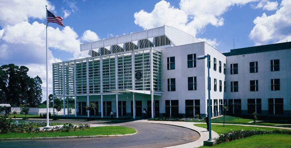 Aerial view of the U.S. Embassy in Gigiri, Nairobi, with the perimeter fence and approach road visible