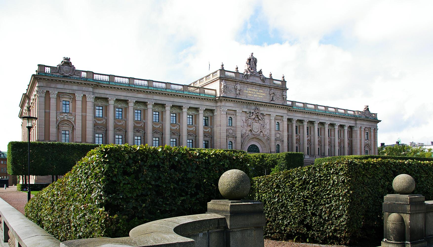 The Swedish Parliament building, Riksdagshuset, on the water in central Stockholm, Sweden.