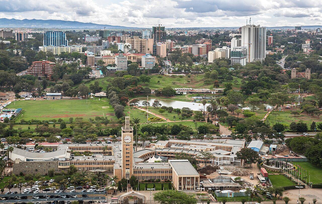 Kenya's Parliament Buildings beside Uhuru Park in central Nairobi under a clear sky