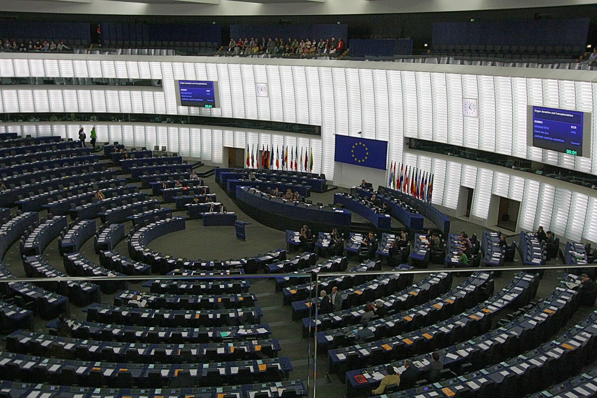 The plenary chamber of the European Parliament in Strasbourg, where members of parliament vote on European Union legislation.