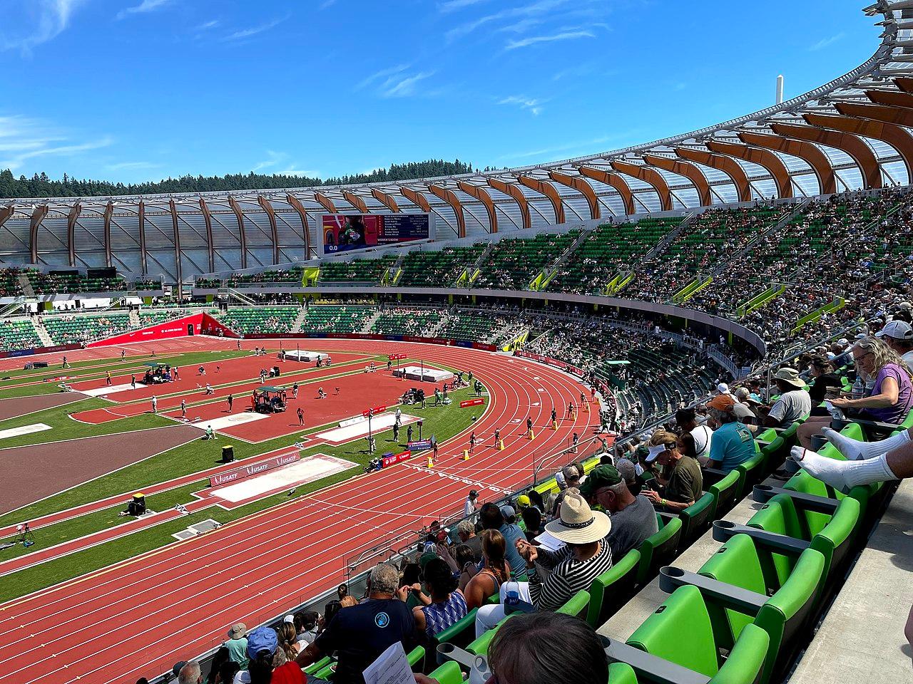 Hayward Field stadium in Eugene, Oregon, home of the Prefontaine Classic, seen from the stands
