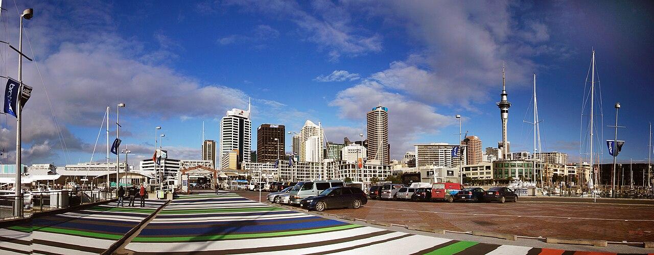 Auckland's downtown skyline and Sky Tower viewed across the harbour from Viaduct Basin, New Zealand
