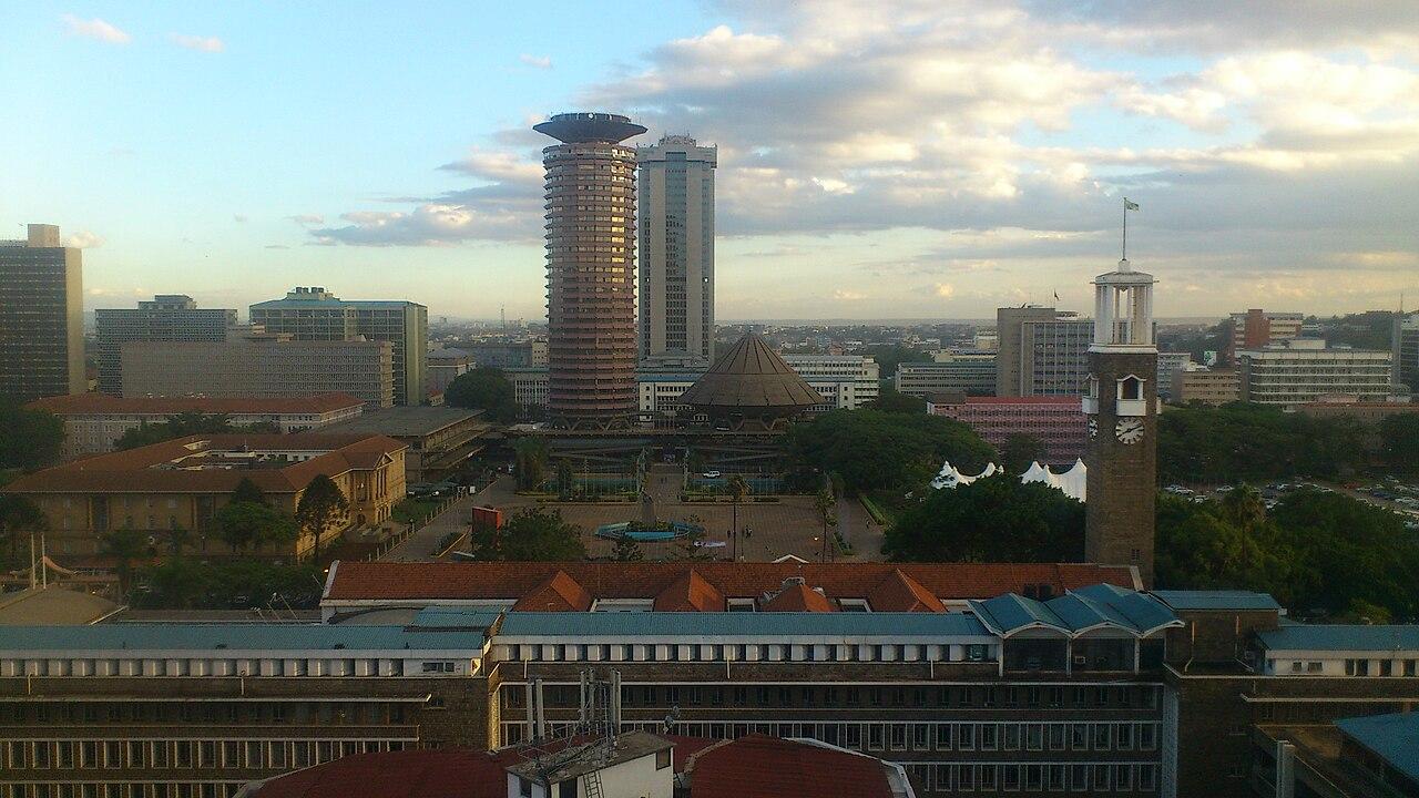 Nairobi skyline showing Times Tower, headquarters of the Kenya Revenue Authority, beside KICC and City Hall