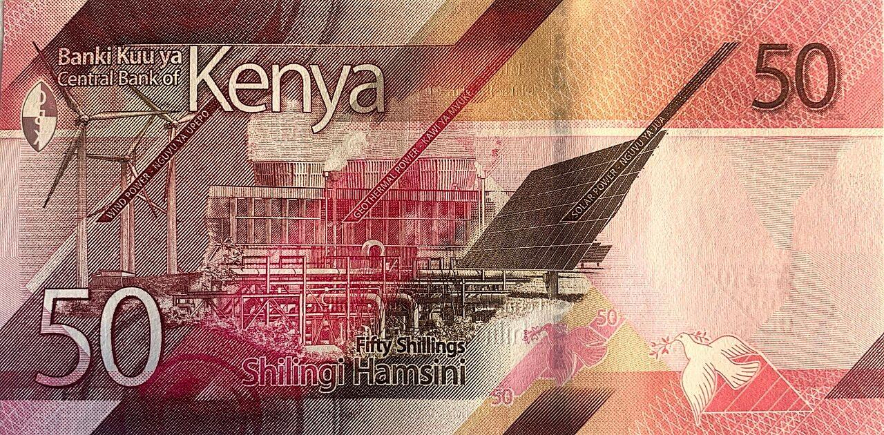 The reverse of a Kenyan 50-shilling banknote, illustrating the money flows of Kenya's diaspora economy.