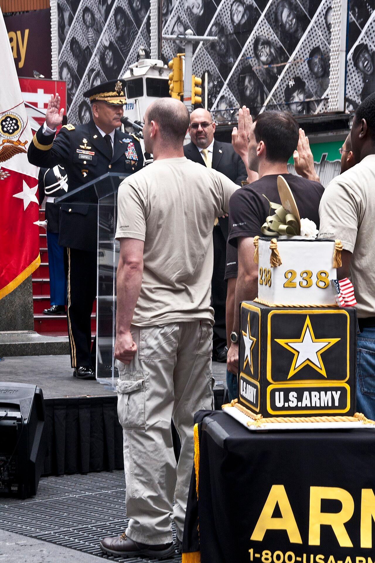 US Army recruits raise their right hands while taking the oath of enlistment at a ceremony in New York