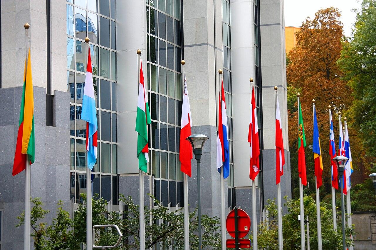 Rows of European Union member state flags flying in front of the European Parliament building in Brussels