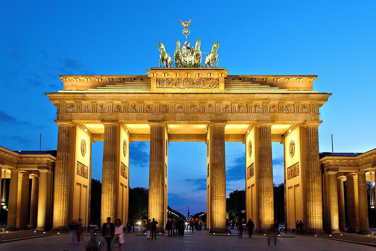 The Brandenburg Gate lit at dusk in Berlin, where Kenyan and German officials signed new cooperation agreements.