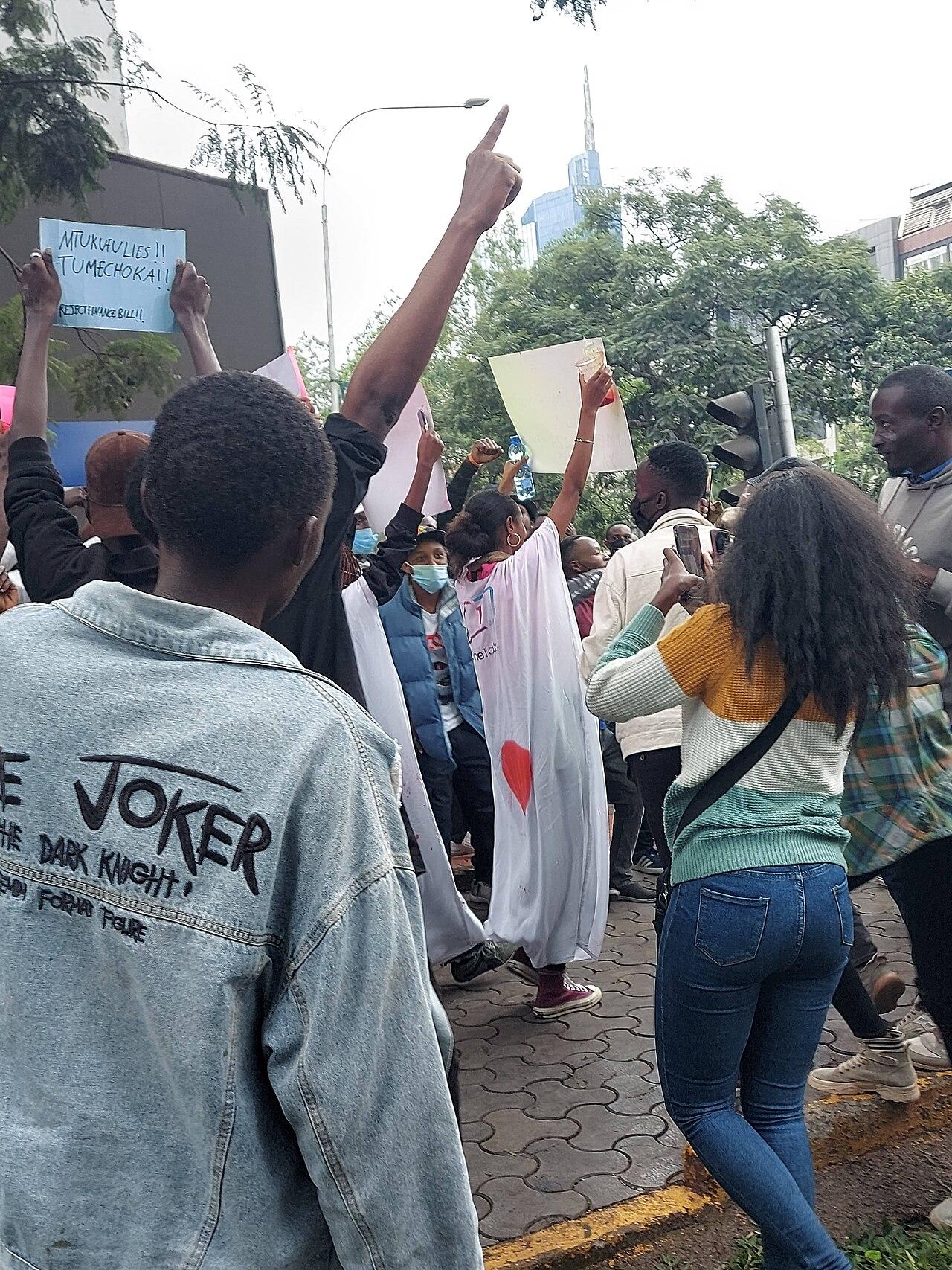 Young women hold handmade placards during the 2024 Reject Finance Bill protests in central Nairobi, Kenya.