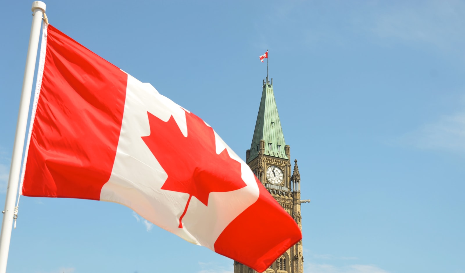 A Canadian flag mounted on a building, symbolising the immigration pathways from Kenya to Canada now under strain