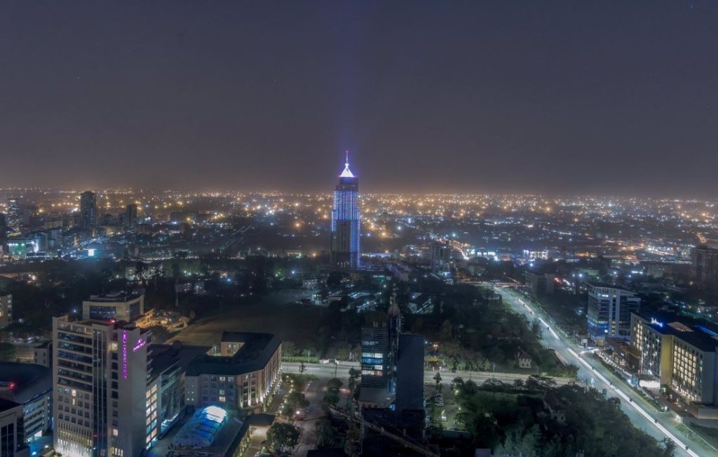 Nairobi's skyline of modern office towers, symbolising Kenya's growing technology and startup economy